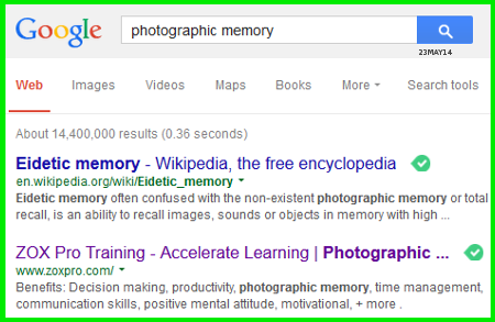 photographic memory, eidetic memory, google, zox pro training